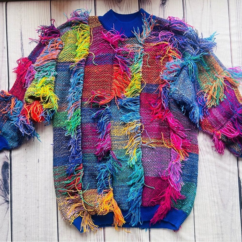 Vintage 20 Ans Vibrant Colorful Patchwork Fringe Mock Neck Oversized Sweater
